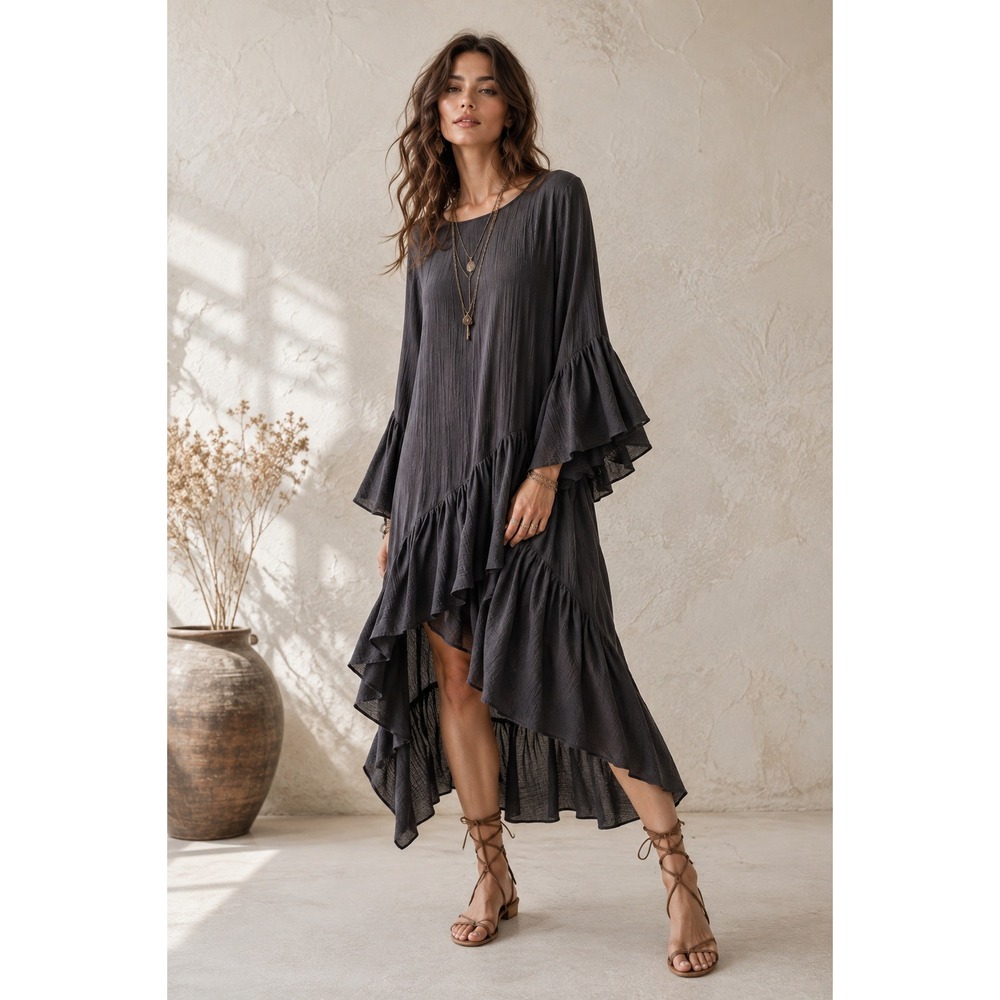 Gloeria Black Asymmetrical Ruffle Tiered Midi Dress Sz M Minimalist Bohemian